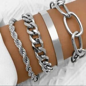 Stack of 4 silver bracelets chain chunky